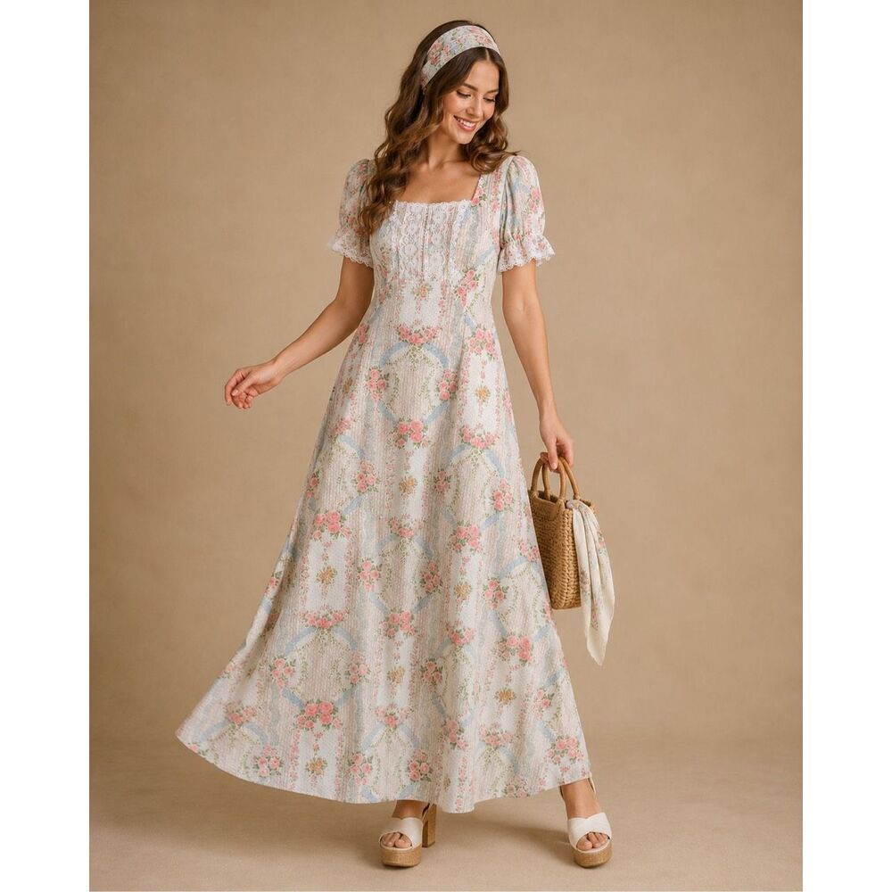 Vintage 1960s/70s Unbranded Floral Romantic Lace Trim Maxi Dress Size L (13)